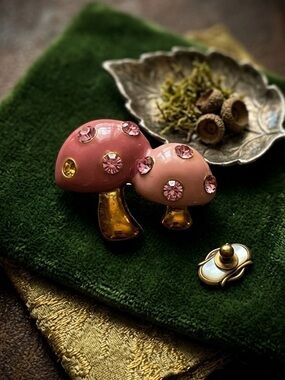 Vintage Pink Enamel & Rhinestone Mushroom Brooch